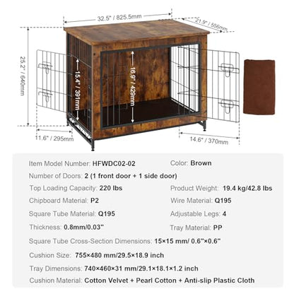 VEVOR Dog Crate Furniture, 32 inch Wooden Dog Crate with Double Doors, Heavy-Duty Dog Cage End Table with Multi-Purpose Removable Tray, Modern Dog Kennel Indoor for Dogs up to 45lb, Rustic Br - WoodArtSupply