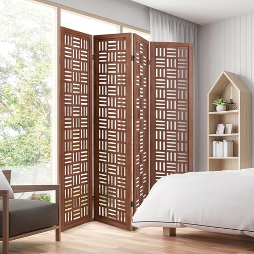 Giantex 4 Panels Room Divider - Folding Room Dividers with Carved Cutout Pattern & Solid Wood Frame, Fully Assembled, 5.5FT Antique Partition Privacy Screen Wall Divider for Room Separation, Brown Giantex