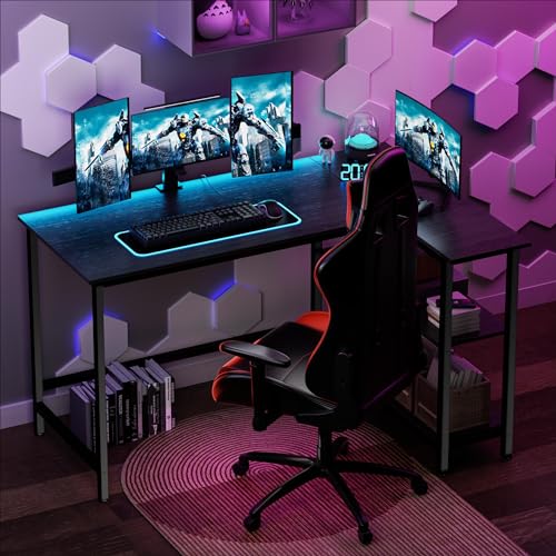 WOODYNLUX L Shaped Computer Desk - Home Office Desk with Shelf, Gaming Desk Corner Table for Work, Writing and Study, Space-Saving, Black - WoodArtSupply