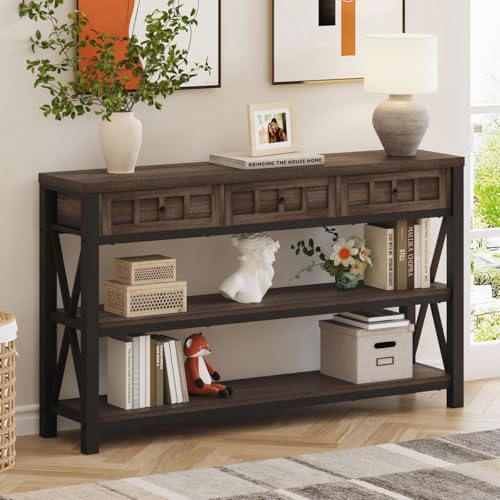 FATORRI Console Table with Storage for Entryway, Rustic Sofa Table with 3 Drawers for Living Room, Farmhouse Hallway Tables and Couch Tables Behind Sofa (54.72 Inch Long, Walnut Brown) FATORRI
