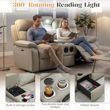 RIHEREFY Power Reclining Loveseat with LED Reading Light, Breathable Leather Loveseat Recliner Sofa RV Wall Hugger Double Recliners with Bluetooth Speaker/Drawer/USB/Type C (Gray, 2 Seater) RIHEREFY