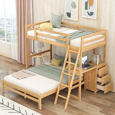 Twin Over Full Bunk Bed with Desk and 3 Storage Drawers, Convertible Into a Twin Size Loft Bed & Full Size Platform Bed, Wood L-Shaped Bunk Beds for Kids, Teens, Adults, Natural Harper & Bright Designs