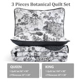 WONGS BEDDING Botanical Quilt Set King Size, Black 3 Pieces Toile Floral Plants Printed Bedspread Bedding Set Soft Lightweight Microfiber Coverlet Set for All Season (104"x90") WONGS BEDDING