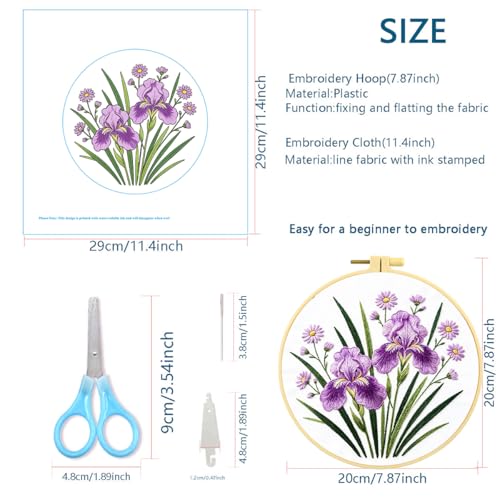 Zhenqing 4 Pack Floral Embroidery Kit, Iris Chrysanthemum Peach Blossom Peony Set with Bees, Beginner Craft Set with 20cm Hoop, Printed Designs on 29x29cm Cotton Fabric, DIY Nature Wall Art (JC0208)