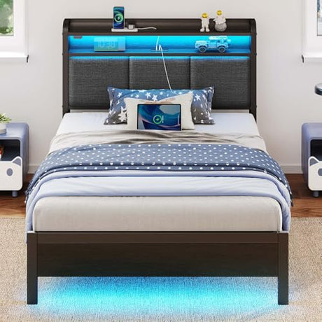 Rolanstar Bed Frame Twin Size with Charging Station and LED Lights, Upholstered Headboard with Storage Shelves, Heavy Duty Metal Slats, No Box Spring Need, Noise Free, Easy Assembly, Dark Grey Rolanstar