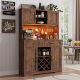 72" Coffee Bar Cabinet with Power Outlet & LED Light, Farmhouse Large Kitchen Hutch with Sliding Barn Door, Tall Bar Cabinets with Storage Drawers & Wine Glass Rack,Pantry China Cabinet,Vintage Brown Jocoevol