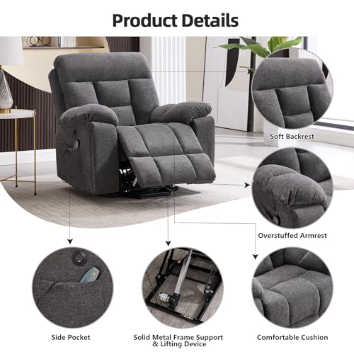 CANMOV Large Power Lift Recliner Chair with Massage and Heat for Elderly Big and Tall People, Overstuffed Wide Recliners with 2 Cup Holders, Side Pocket and USB Port, Dark Grey