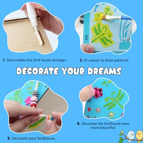 Crafts Bird Feeder, DIY Bird House Wood Craft Kit for Kids Ages 3-5 4-8 8-12,Build and Paint Wooden Bird House Feeder, DIY Wild Birdhouse Art Activities Crafts for Children Boys Girls Col-Pary