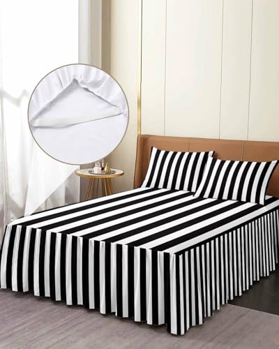 Ruffle Skirt Bedspread for Twin Size Bed Black and White Stripes 2 Piece Bedding Cover with Pillow Sham,18In Drop Bedskirt Coverlet Bedroom Dorm Decor Modern Geometric Art Chucoco