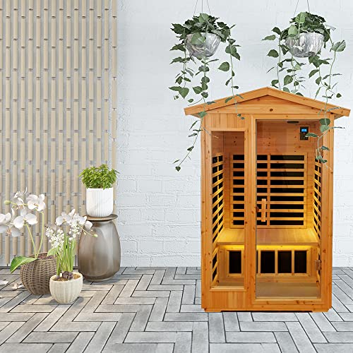 GLIFRON Outdoor Far Infrared 2 Person, 6 Low Emf Heaters Sauna Room, Bluetooth Speakers and Chromotherapy Lights, LED Reading Lamp, Natural GLIFRON
