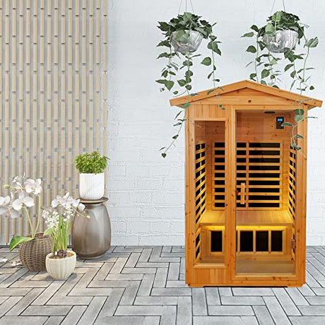 GLIFRON Outdoor Far Infrared 2 Person, 6 Low Emf Heaters Sauna Room, Bluetooth Speakers and Chromotherapy Lights, LED Reading Lamp, Natural GLIFRON