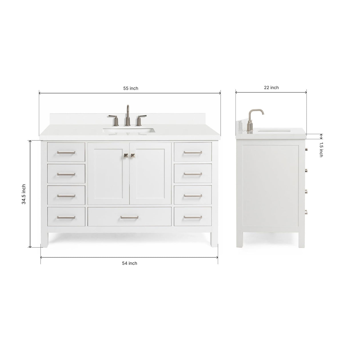 ARIEL Cambridge 55" White Bathroom Vanity with Sink, 1.5" Edge Pure White Quartz Countertop & Backsplash, Center Rectangular Sink, 2 Soft Closing Doors, 9 Full Extension Dovetail Drawers ARIEL