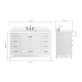ARIEL Cambridge 55" White Bathroom Vanity with Sink, 1.5" Edge Pure White Quartz Countertop & Backsplash, Center Rectangular Sink, 2 Soft Closing Doors, 9 Full Extension Dovetail Drawers ARIEL