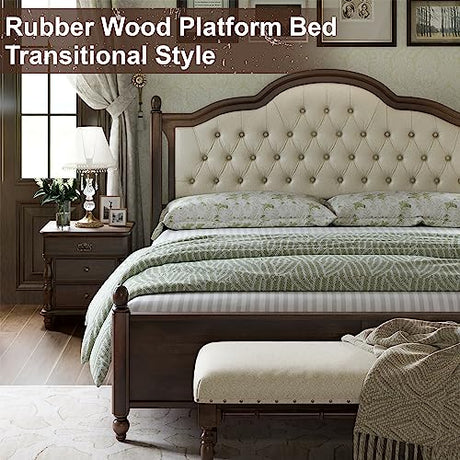 AMERLIFE King Size Solid Wood Bed Frame, Transitional Platform Bed with 52.5" Upholstered Tufted Headboard, Rubberwood/Roman Column Accents/Wood Slat Support/No Box Spring Needed AMERLIFE
