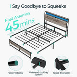 LINSY Queen Bed Frame with Ergonomic Headboard, Platform Metal Bed Frame with RGB Lights, Outlets & Charger, 45 Minutes Fast Assembly Bed Queen Size with Storage, No Box Spring Needed, Greige LINSY