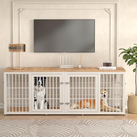 rehomerance 78 Inch Double Dog Crate Furniture, Heavy Duty Extra Large Cage Furniture with Divider for 2 Dogs, Decorative Wooden Kennel Indoor, Pet House for Large and Medium Dogs, White rehomerance