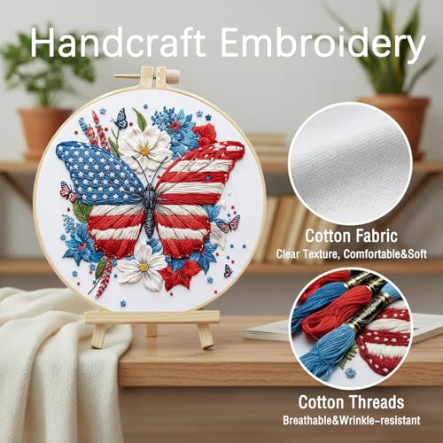 ARTopet Embroidery Kit for Beginners Cross Stitch Kits Independence Day Needlepoint Set for Craft Lover Hand Stitch with Threads 7.87in Hoop Fabric-Butterfly