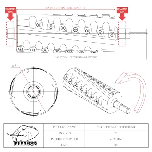 ELEPHAS - 8" Woodworking Tool Spiral Cutter head and Helical cutterhead for jointer, 4 rows 28 inserts ELEPHAS