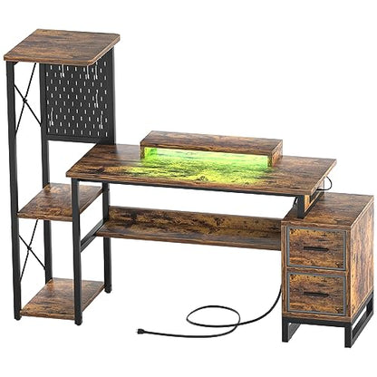 Computer Desk with 2 Fabric Drawers - Reversible Home Office Desk with Power Outlet & LED Lights, 53" Writing Desk with Monitor Stand & Storage Shelves, Gaming Desk with Pegboard, Rustic Brown