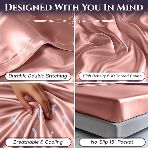SLEEP SANCTUARY Satin Sheets Twin Size – 3 Piece Luxury Silky Bed Set, Softer Than Silk, 15" Deep Pocket, Cooling & Wrinkle-Free, Moisture-Wicking & Breathable for Hair & Skin (Blush Pink) SLEEP SANCTUARY