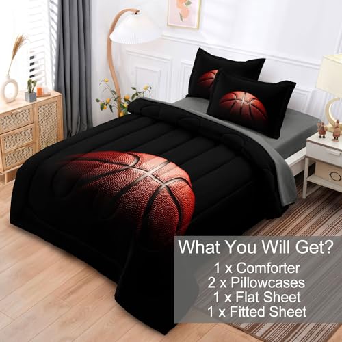 Leaflin Teenage Boy Bedding Sets Full Size 5 Pieces Basketball Comforter Set for Boys Bed in a Bag Set, Basketball Bedding Full, Red Black Leaflin