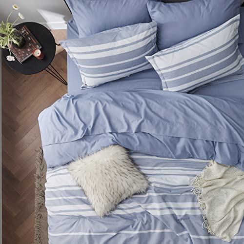 Bedsure Twin Comforter Set 5 Pieces, Blue Striped Bedding Set for All Seasons, Reversible, Cationic Dyeing Bed in a Bag with Comforter, Sheets, Pillowcase & Sham Bedsure