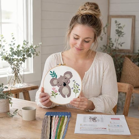QIZUOLIFE 2Pcs Animal Embroidery Starter Kit for Adults, Koala & Puppies Pre‑Printed Embroidery Hoops Set, DIY Needlework Supplies with Step‑by‑Step Video Tutorials, Craft Gift for Beginners QIZUOLIFE