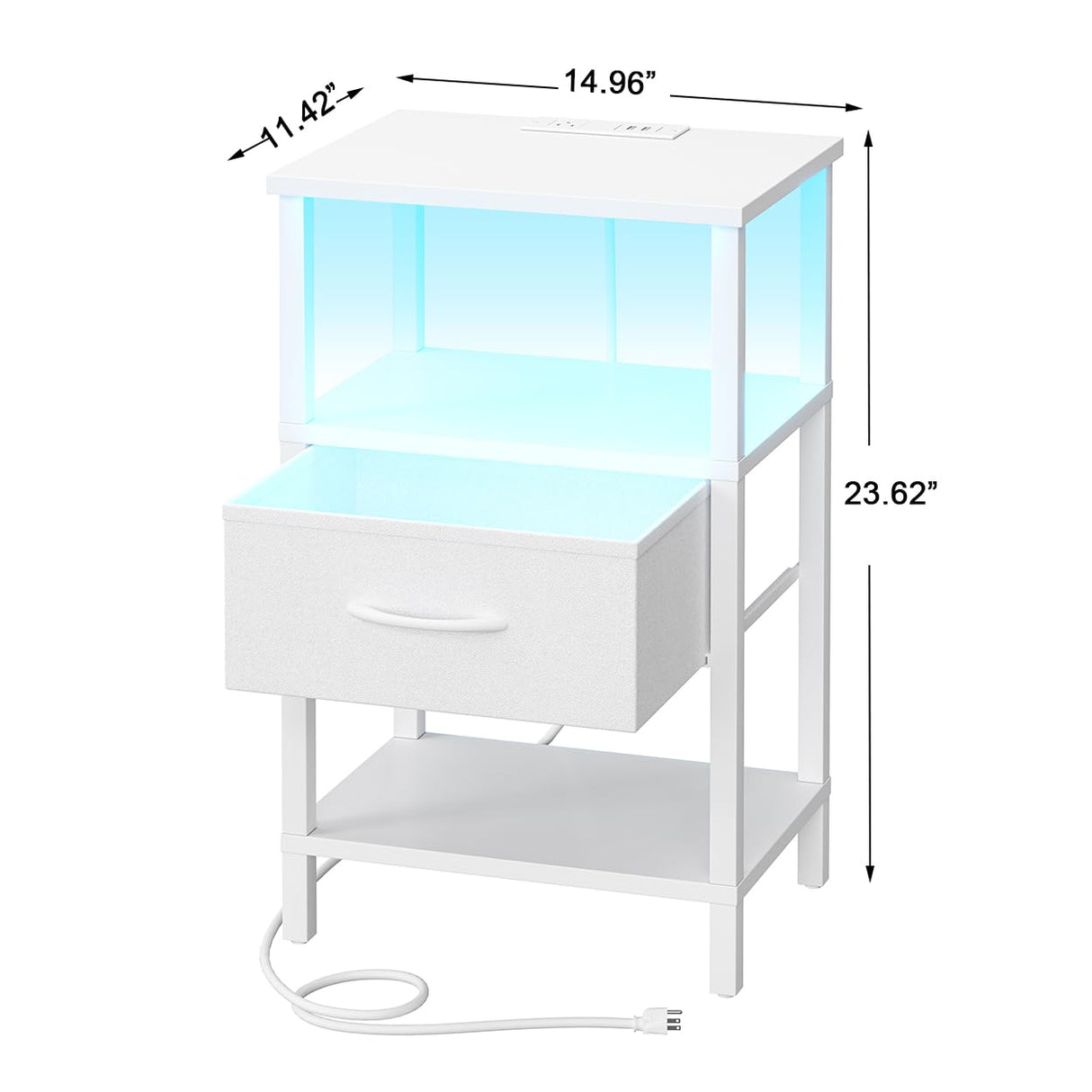 VIMBER Nightstand Set of 2, Adjustable LED Side Table with Charging Station and Fabric Drawer,Beside Tables with Open Compartment for Living Room, Easy Assemble, 3 Tier End Table for Bedroom, White VIMBER