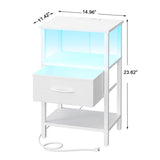 VIMBER Nightstand Set of 2, Adjustable LED Side Table with Charging Station and Fabric Drawer,Beside Tables with Open Compartment for Living Room, Easy Assemble, 3 Tier End Table for Bedroom, White VIMBER
