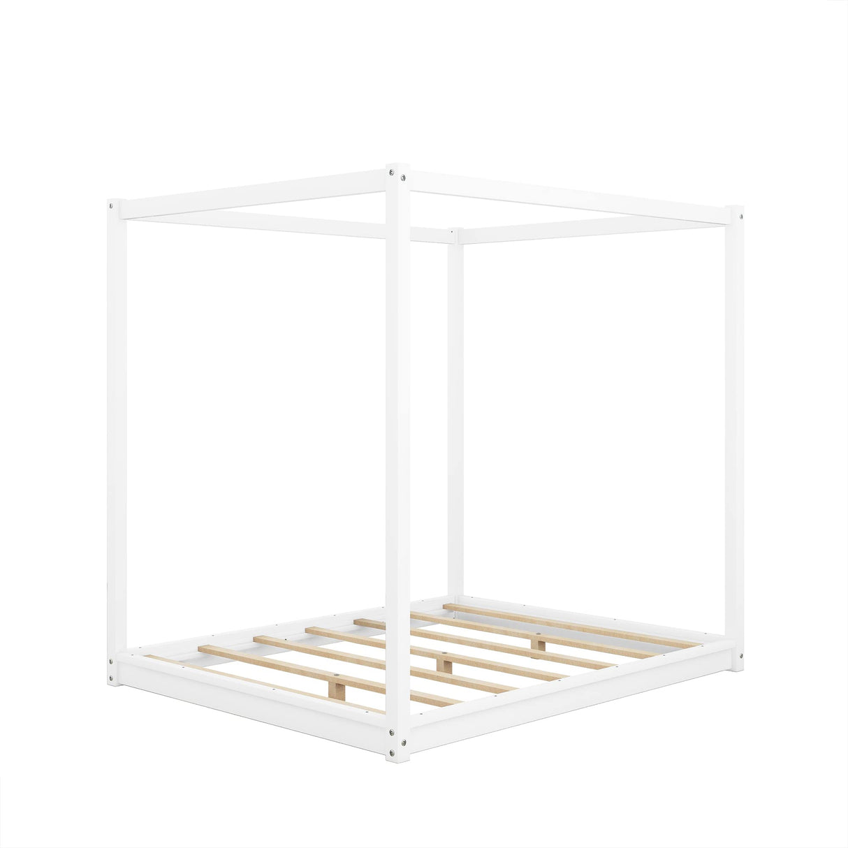 Harper & Bright Designs Queen Canopy Bed Wood 4 Poster Panel Beds, Floor Bed Frame Queen with Solid Wood Slat Support, Queen Size Platform Bed for Kids Teens Adults, No Box Spring Needed, White Harper & Bright Designs