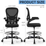 Alolo Drafting Chair,Big and Tall Office Chair with Footrest Ring,Ergonomic Chair for Counter Height and Standing Desk Comfy with Lumbar Support and Flip-up Armrests in Heavy Rolling Base,Black Alolo