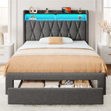 Rolanstar Twin Bed Frame with Drawer, Storage Headboard with Charging Station and LED Lights, Upholstered Bed with Heavy Duty Wood Slats, No Box Spring Needed, Noise Free, Easy Assembly, Dark Grey Rolanstar
