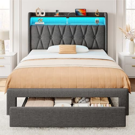 Rolanstar Twin Bed Frame with Drawer, Storage Headboard with Charging Station and LED Lights, Upholstered Bed with Heavy Duty Wood Slats, No Box Spring Needed, Noise Free, Easy Assembly, Dark Grey Rolanstar