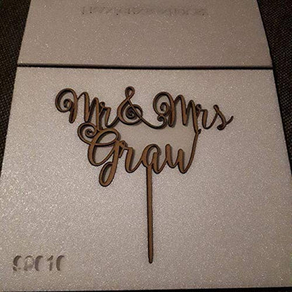 Mr and Mrs Wedding Cake Topper, Custom Rustic Decoration, Personalized Calligraphy Wooden Cupcake with Your Last Name, Customized Topper, Bride & - WoodArtSupply