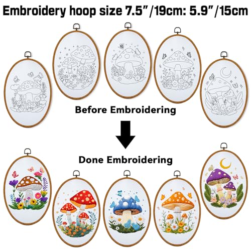 ORIGACH 5 Pack Mushroom Embroidery Kits for Beginners, DIY Stamped Cross Stitch Kit with Mushroom Patterns Hoops Needles Threads and Instructions for Adults Embroidery Craft Lover