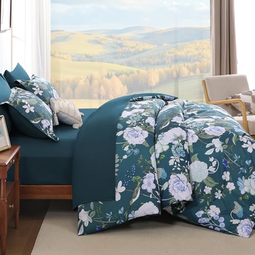 Anibedding 7Pieces Floral King Size Comforter Set, Garden Plant Flower Style Bed in a Bag Blue Bedding Comforter Set with Pillow Case for Bedroom Anibedding