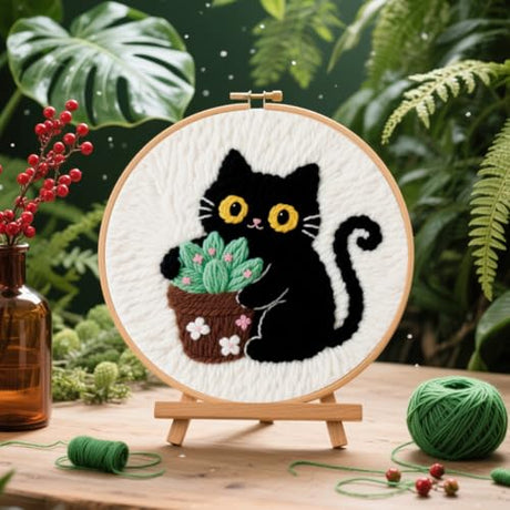 BEUNITONE 2PCS Cat Punch Needle Kit for Adults Beginners, Complete Craft Embroidery Needlepoint Kits with Hoop and Instructions, Punch Needle Starter Craft Set for Home Decor, Festival Gift 20x20cm BEUNITONE