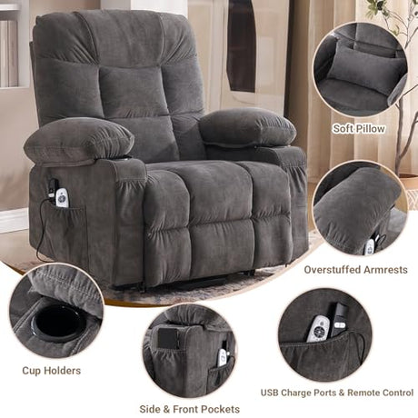 Power Lift Recliner Chair for Elderly with Lumbar Heat and Vibration Massage, Electric Lift Recliner Chair with Remote Control and USB Port,4 Storage Pockets & 2 Cup Holders for Living Room - Grey PoteSoar