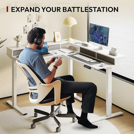SANODESK 71" L Shaped Standing Desk with 4 Drawers, Height Adjustable Stand up Desk, Corner Gaming Desk with Monitor Stand, White Frame/White Top SANODESK