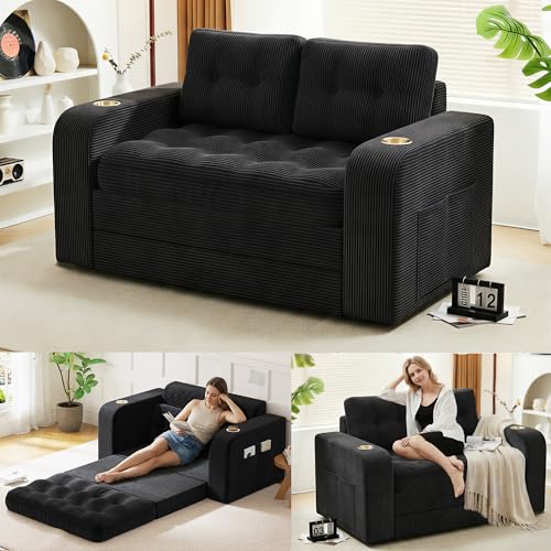 55" Convertible Sofa Bed, 2 in 1 Futon Sofa Bed with Storage Pockaets, Folding Couch Bed with Cup Holders, Boneless Loveseat Sleeper Sofa, Fold Out Floor Couch for Living Room Bedroom Lounge (Black) Hretanant