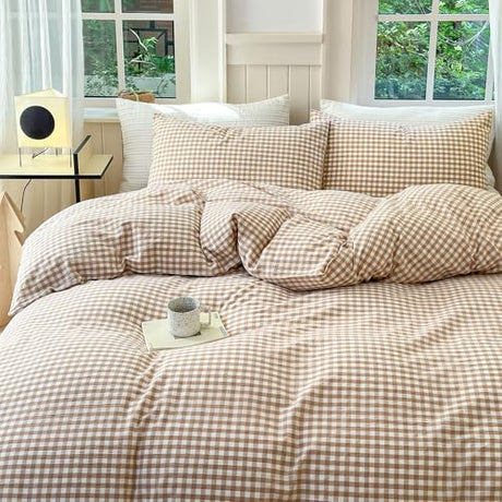 LifeTB Tan Gingham Comforter Set Twin XL Modern Style Beige Plaid Comforter Set 3 Pieces Soft Fluffy Grid Checkered Pattern Comforter with 2 Pillowcases Farmhouse Gingham Bedding Set Twin XL LifeTB