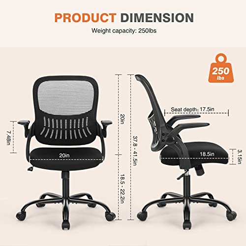 Sweetcrispy Office Computer Desk Chair, Ergonomic Mid-Back Mesh Rolling Work Swivel Task Chairs with Wheels, Comfortable Lumbar Support, Comfy Flip-up Arms for Home, Bedroom, Study, Student, Black Sweetcrispy