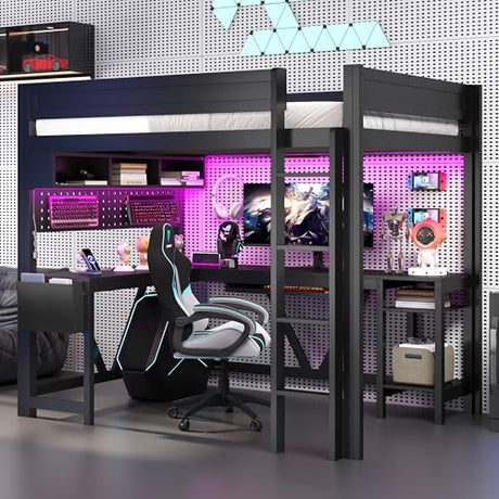 Merax Full Size Gaming Loft Bed with L Shape Desk, Storage Shelves, Sturdy Wood Loft Bunk Bed Frame with Charging Station and Lights, No Box Spring Needed, Space-Saving, Noise Free, Black Merax