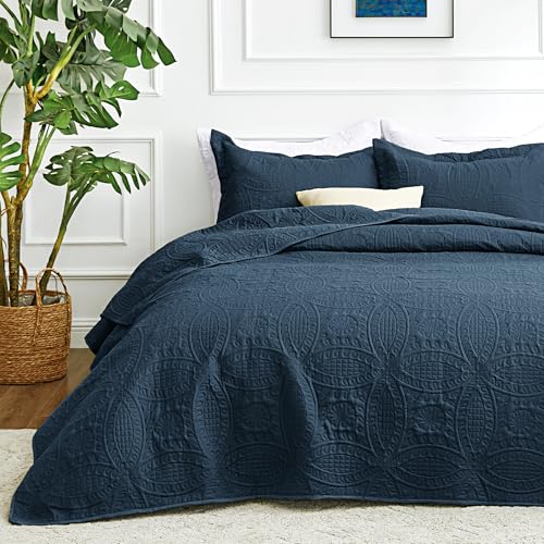 Love's cabin Quilts for Queen Bed Navy Blue Bedspreads - Soft Bed Summer Lightweight Bedspread Comforter - Modern Style Coin Pattern Coverlet for All Season - 3 Pieces (1 Quilt, 2 Pillow Shams) Love's cabin
