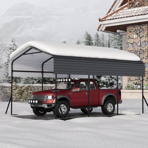 GarveeTech Metal Carport, 10x15 FT Outdoor Carport Canopy with Reinforced Base and Galvanized Steel Roof, Heavy Duty Garage Car Shelter Shade for SUV, Truck, Boats GarveeTech