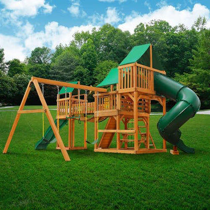 Gorilla Playsets 01-1021-AP-1 Treasure Trove I Wood Swing Set with Green Vinyl Canopy, 2 Slides, and Clatter Bridge - WoodArtSupply