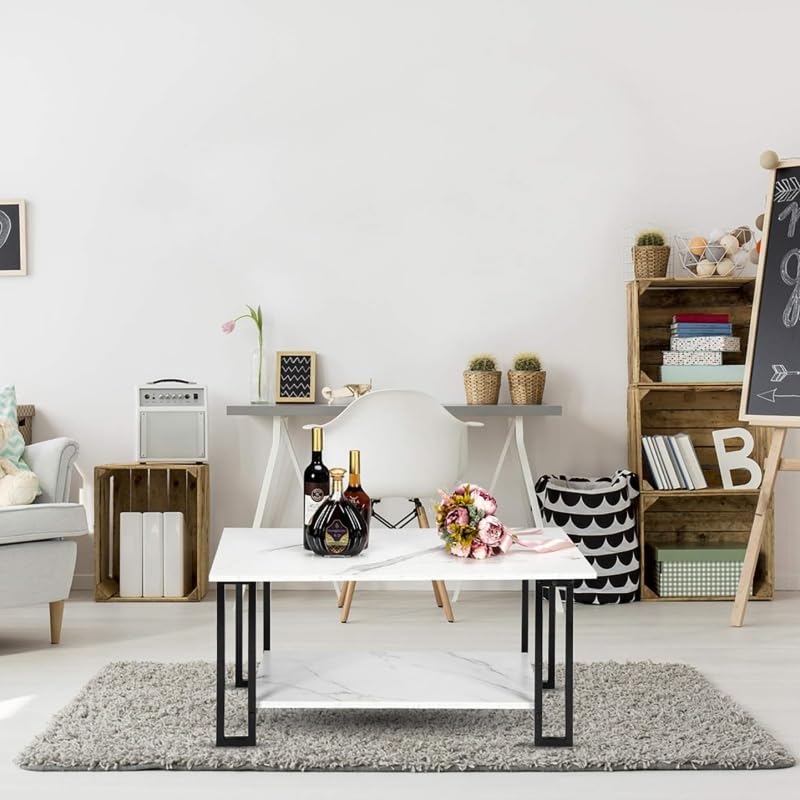 Nicemoods 39.37" Coffee Table, 2 Layers 1.5cm Thick Marble MDF Rectangle Tabletop Iron Coffee Table, Dining Room, Coffee Shop, Restaurant, White Top (White+ Black Leg) Nicemoods