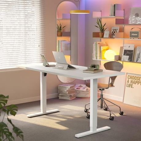 HUANUO 63 x 28 inch Electric Standing Desk Adjustable Height, 4 Memory Height Settings, Sit Stand Up Desk for Home Office & Computer Workstation, White HUANUO