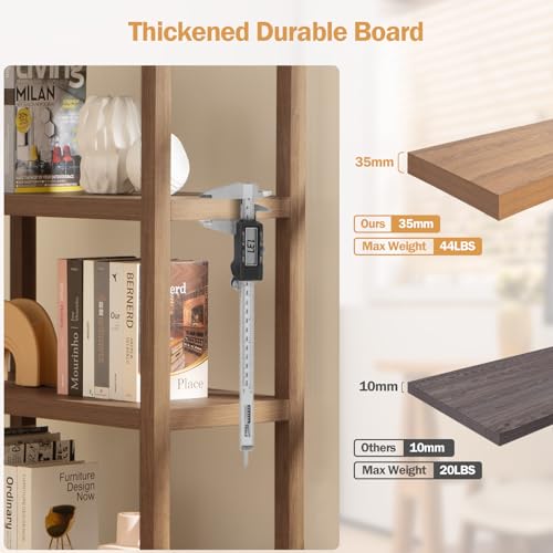 SICOTAS 5-Tier Rattan Boho Bookshelf with Doors - Tall Oak Bookcase for Stylish Storage SICOTAS