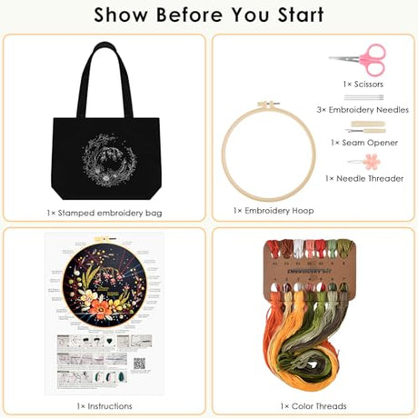 ERKOON Canvas Tote Bag Embroidery Kit for Beginners, Floral Arts Crafts Cross Stitch Kits for Adults Including Stamped Embroidery Bag with Hoops, Needle, Instruction and Color Threads (Flower) ERKOON